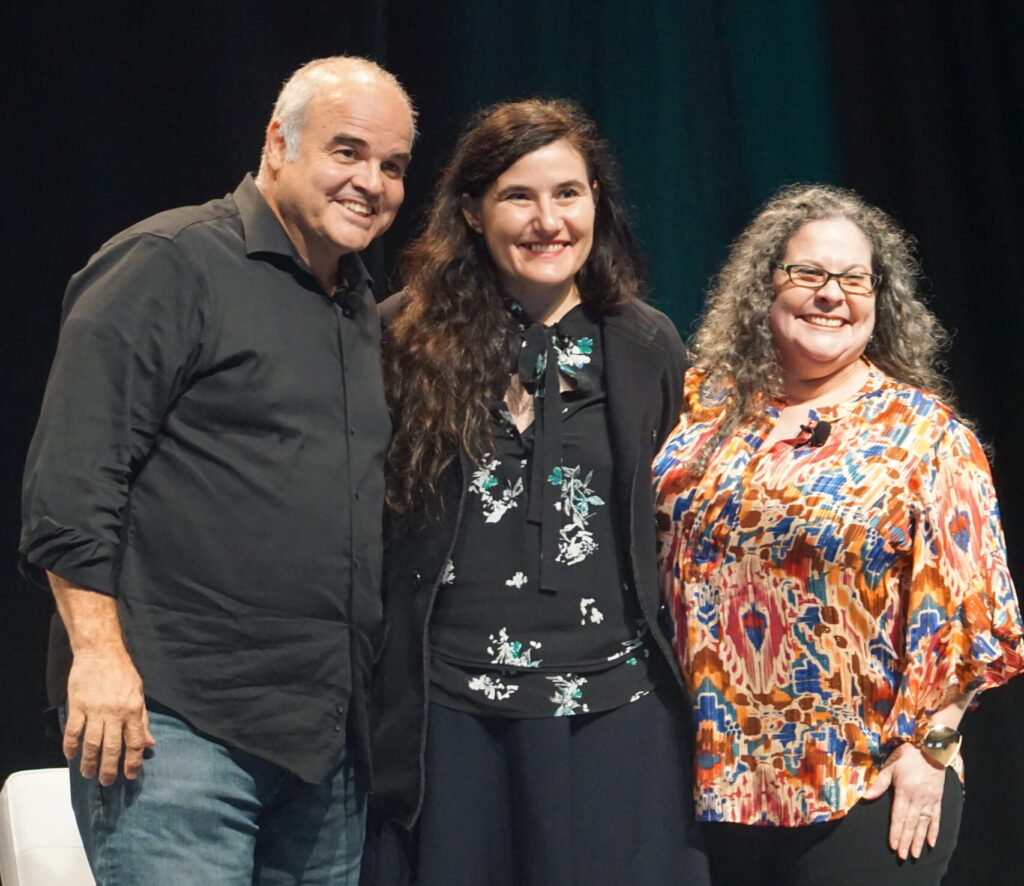 Presenters at the 2023 Climate Leadership Summit climate art panel, left to right: artist Xavier Cortada; artist Naomi Fisher; moderator Marialaura Leslie. (Naomi von Bose/FAU CES)