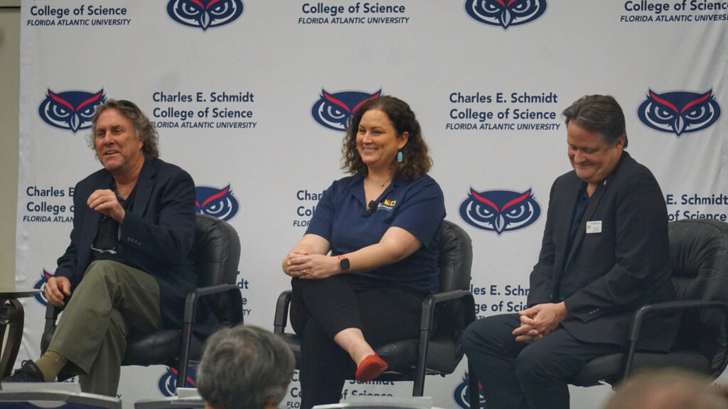 Todd Crowl, director of the Institute of Environment at Florida International University, speaks at the FAU Frontiers in Science panel discussion. To his left are Rachel Brewton, a research scientist at FAU Harbor Branch Oceanographic Institute, and James Sullivan, executive director of FAU Harbor Branch. (Photo by Naomi von Bose)