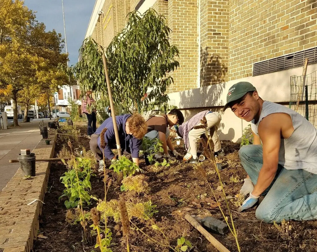Volunteers plant fruit trees at a food forest in Philadelphia. (Philadelphia Orchard Project photo)