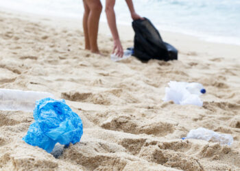 Plastic waste being picked up on a beach (iStock image)