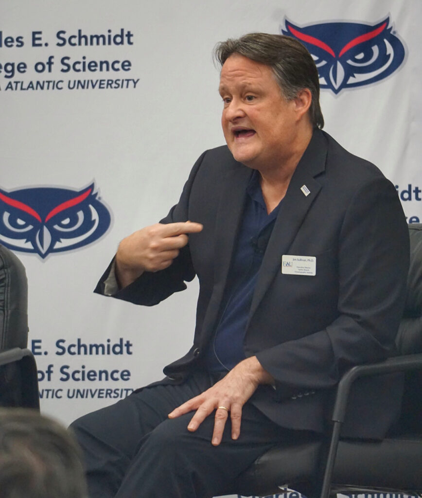 James Sullivan, executive director of FAU Harbor Branch Oceanographic Institute, speaks during the Frontiers in Science panel discussion. (Photo by Naomi von Bose)