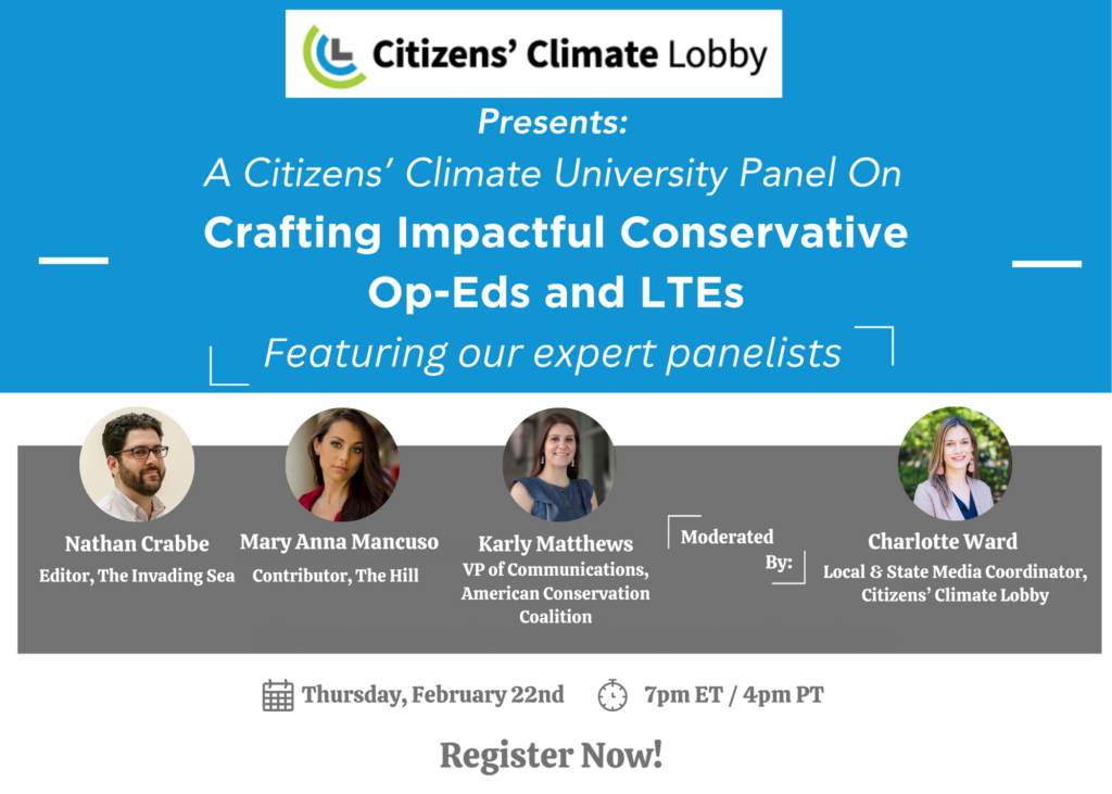 A graphic for the Citizens’ Climate Lobby webinar, “Crafting Impactful Conservative Op-Eds and Letters to the Editor.” (Citizens’ Climate Lobby)