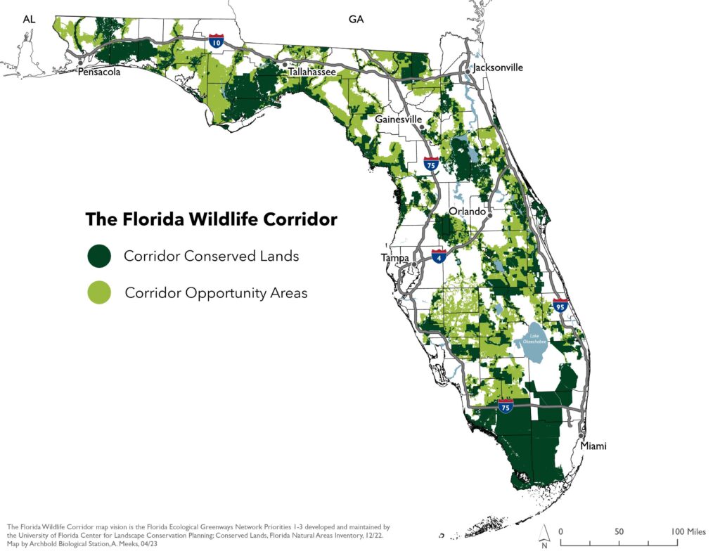 A map of the Florida Wildlife Corridor (Map by Archbold Biological Station)