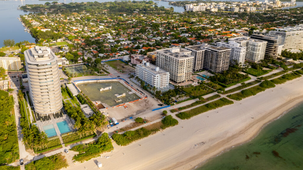 Buildings along the coast in Surfside, including the site of the Champlain Towers building after it had been cleared following its collapse. (iStock image)