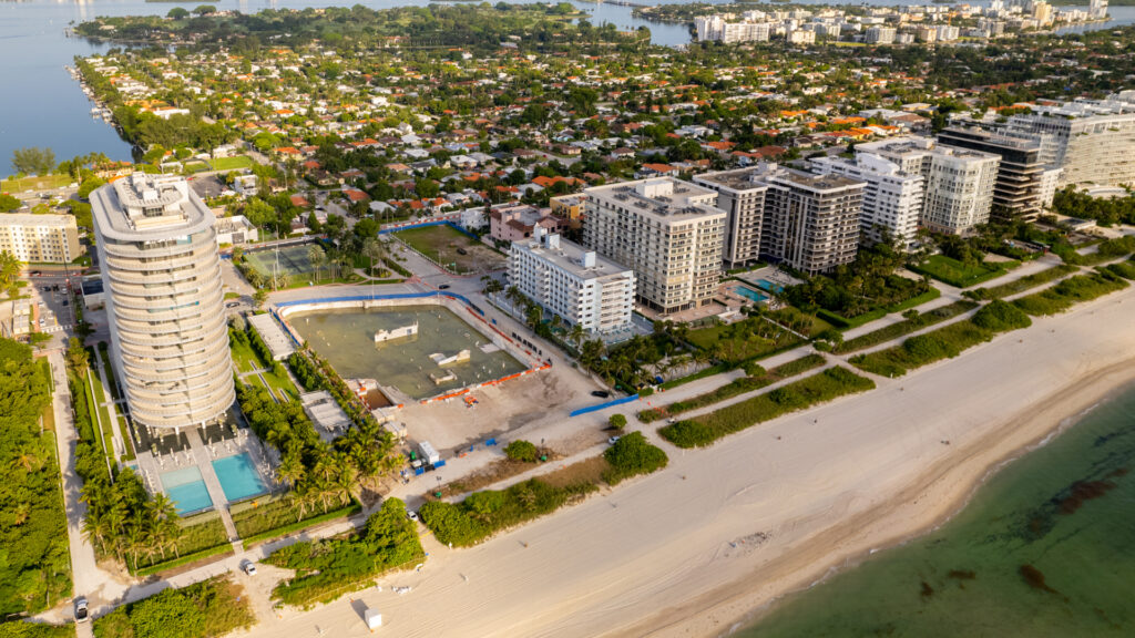 Buildings along the coast in Surfside, including the site of the Champlain Towers building after it had been cleared following its collapse. (iStock image)