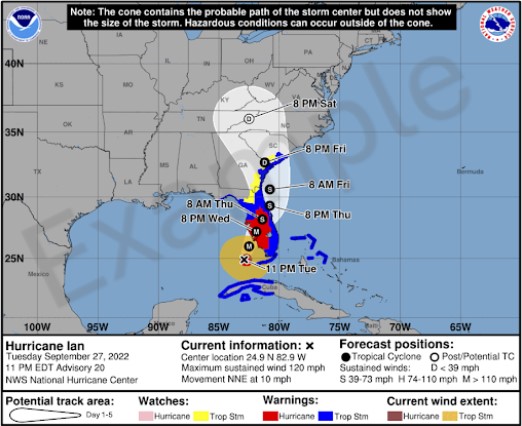 The National Hurricane Center will released this example of a new version of its "cone of uncertainty graphic that includes inland tropical storm and hurricane watches and warnings. (National Hurricane Center)
