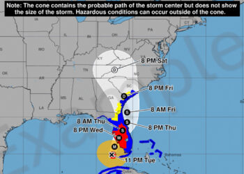 The National Hurricane Center will released this example of a new version of its "cone of uncertainty graphic that includes inland tropical storm and hurricane watches and warnings. (National Hurricane Center)