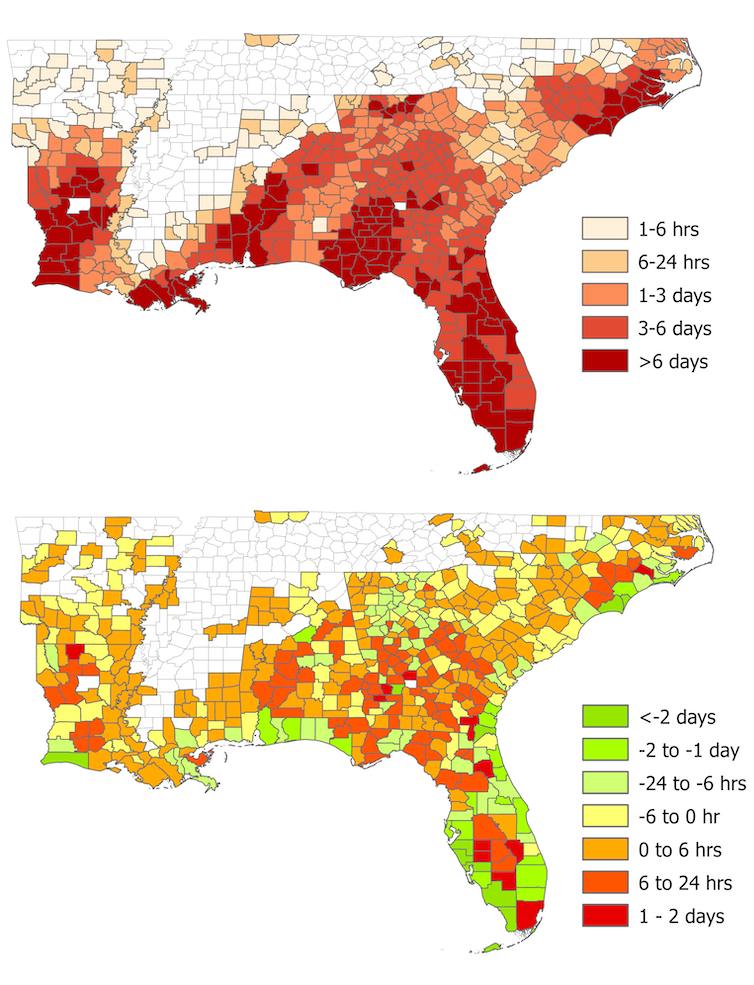 The top map shows the total duration of power outages over eight storms by county. The lower map is a comparison with socioeconomic status taken into account, showing that counties with lower average socioeconomic status have longer outages than expected. (Ganz et al, 2023, PNAS Nexus)