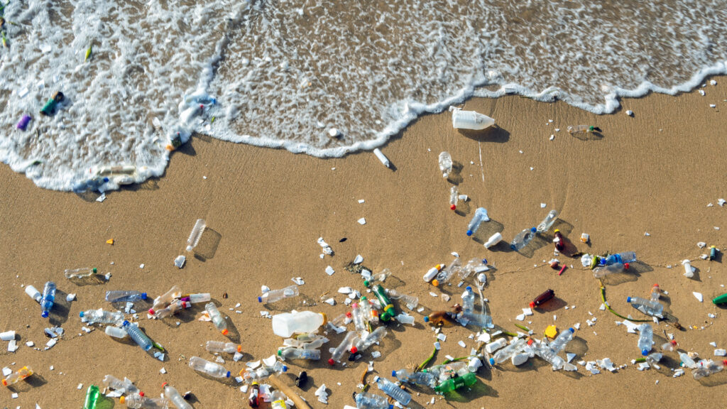 A wave pushes plastic pollution on a beach. (iStock image)