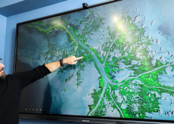 UCF Coastal and Civil, Environmental and Construction Engineering associate professor Thomas Wahl shows the lowermost part of the Mississippi River Delta where the research will be focused. (UCF)