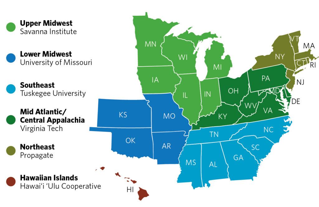 The Expanding Agroforestry Project involves 30 states in the U.S. Each region has a lead regional partner, including nonprofit organizations, universities and private companies, which will help guide farmers in their agroforestry endeavors. (Image courtesy of The Nature Conservancy)