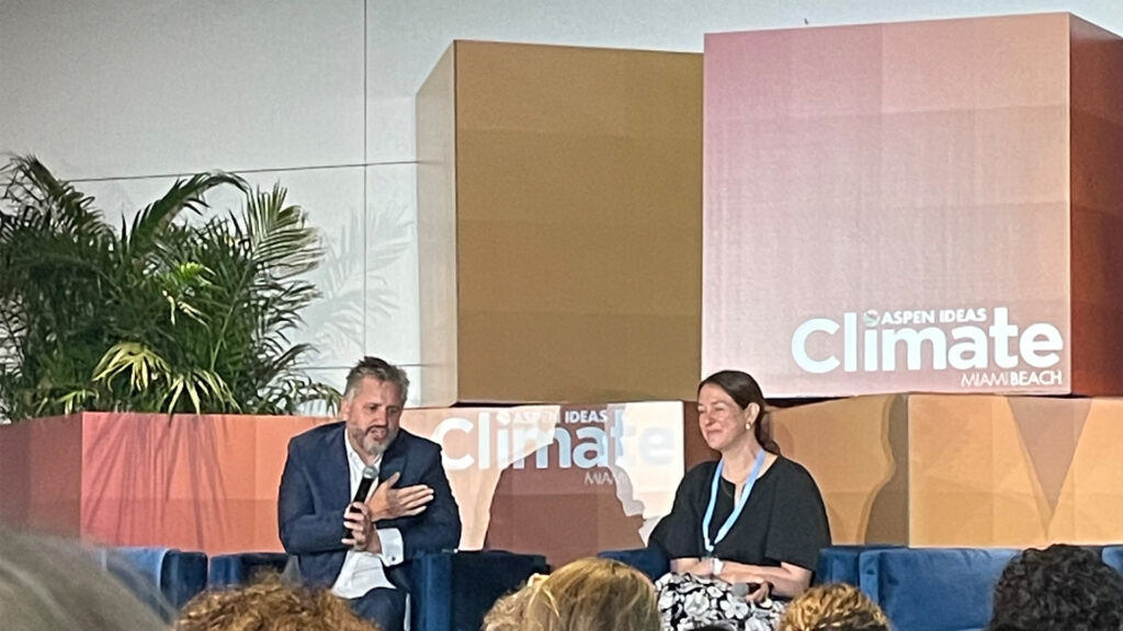 Michael Berkowitz, left, executive director of the University of Miami’s Climate Resilience Academy, speaks with Shana Tabak, director of immigration strategy for the Emerson Collective, at Aspen Ideas: Climate. (Nathan Crabbe photo)