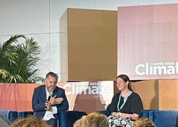 Michael Berkowitz, left, executive director of the University of Miami’s Climate Resilience Academy, speaks with Shana Tabak, director of immigration strategy for the Emerson Collective, at Aspen Ideas: Climate. (Nathan Crabbe photo)