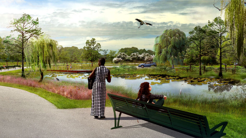 An artist’s rendering of the Emerald Trail and a restored McCoys Creek. (Groundwork Jacksonville)