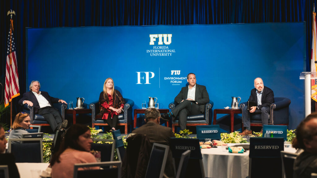 "The Promise and Pitfalls of Climate Policy" panel, from left to right: Kerry Emanuel, Cecil and Ida Green emeritus professor of atmospheric science at MIT; Susan Glickman, vice president of policy and partnerships at CLEO Institute; Kent Lassman, president and CEO of Competitive Enterprise Institute; and panel moderator Andrew Sollinger, publisher and CEO of Foreign Policy. (FIU)