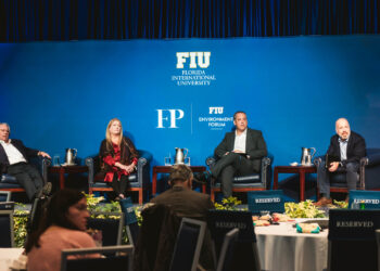 "The Promise and Pitfalls of Climate Policy" panel, from left to right: Kerry Emanuel, Cecil and Ida Green emeritus professor of atmospheric science at MIT; Susan Glickman, vice president of policy and partnerships at CLEO Institute; Kent Lassman, president and CEO of Competitive Enterprise Institute; and panel moderator Andrew Sollinger, publisher and CEO of Foreign Policy. (FIU)