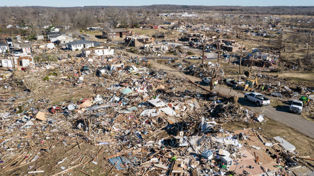 An aerial view of damage in Dawson Springs, Kentucky, after a tornado outbreak Dec. 10-11, 2021. (Courtesy of National Weather Service/Chris Conley)