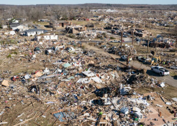 An aerial view of damage in Dawson Springs, Kentucky, after a tornado outbreak Dec. 10-11, 2021. (Courtesy of National Weather Service/Chris Conley)