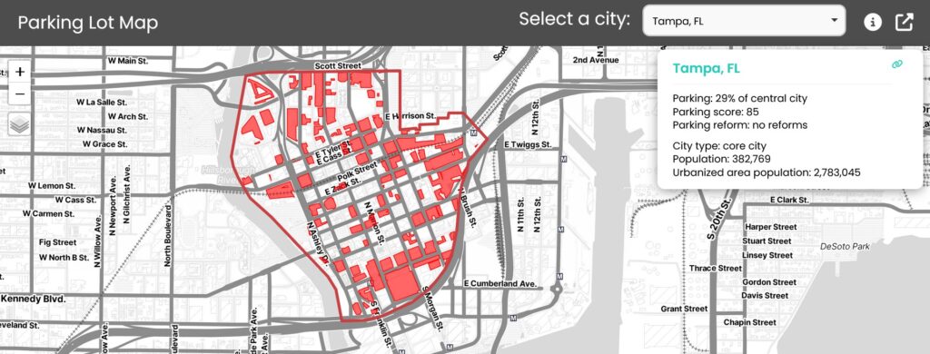 The Parking Reform Network found that 29% of the central city in Tampa is dedicated to parking. (Image courtesy of Parking Reform Network)