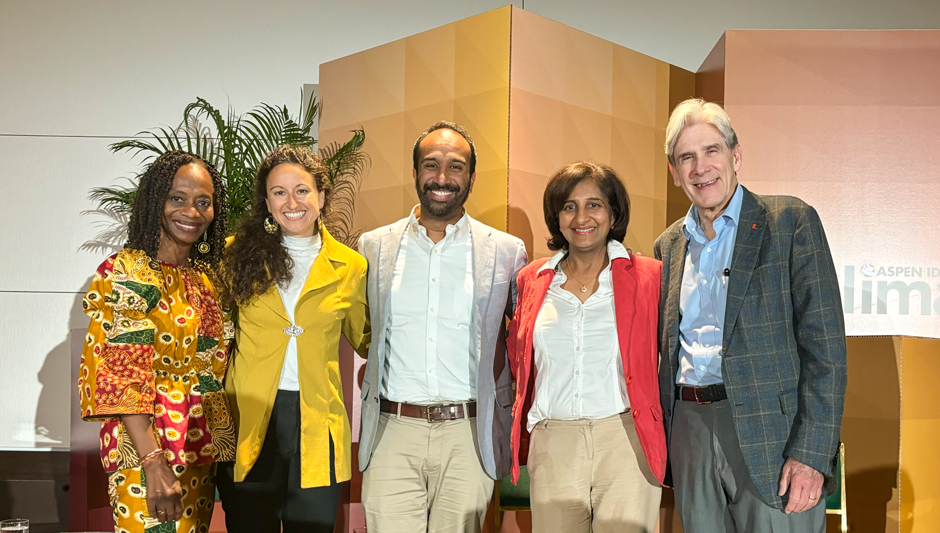 University of Miami President Julio Frenk, far right, spoke during a panel discussion on the intersection of health care and climate change. He was joined by (from left) Cheryl Holder, associate professor of medicine at Florida International University, Emmie Mediate, chief program officer at Health Care Without Harm, Gaurab Basu, director of education and policy at Harvard T.H. Chan School of Public Health, and Elizabeth Jackson, nurse practitioner at Jackson Health System. (Photo: Maite Alvarez/University of Miami)