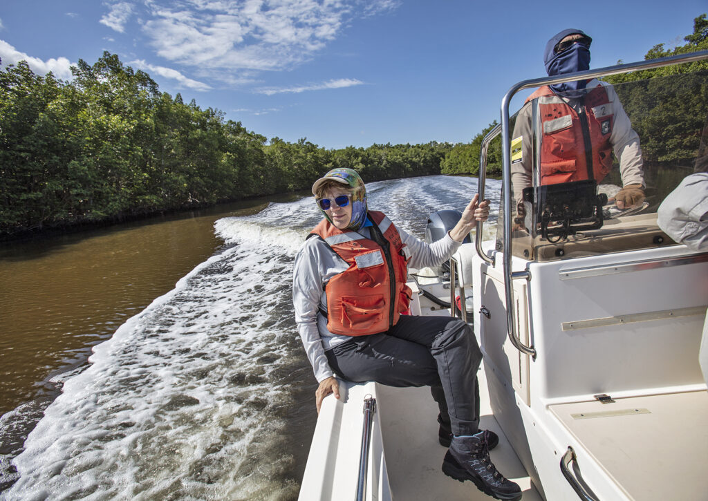 Everglades National Park: Dr. Evelyn Gaiser the George M. Barley, Jr. Endowed Scholars Chair at Florida International University (at left) and Lab Manager Rafael Traveiso Head out to visit a research area in a mangrove forest off of Shark River in Everglades National Park. (Patrick Farrell for WLRN)