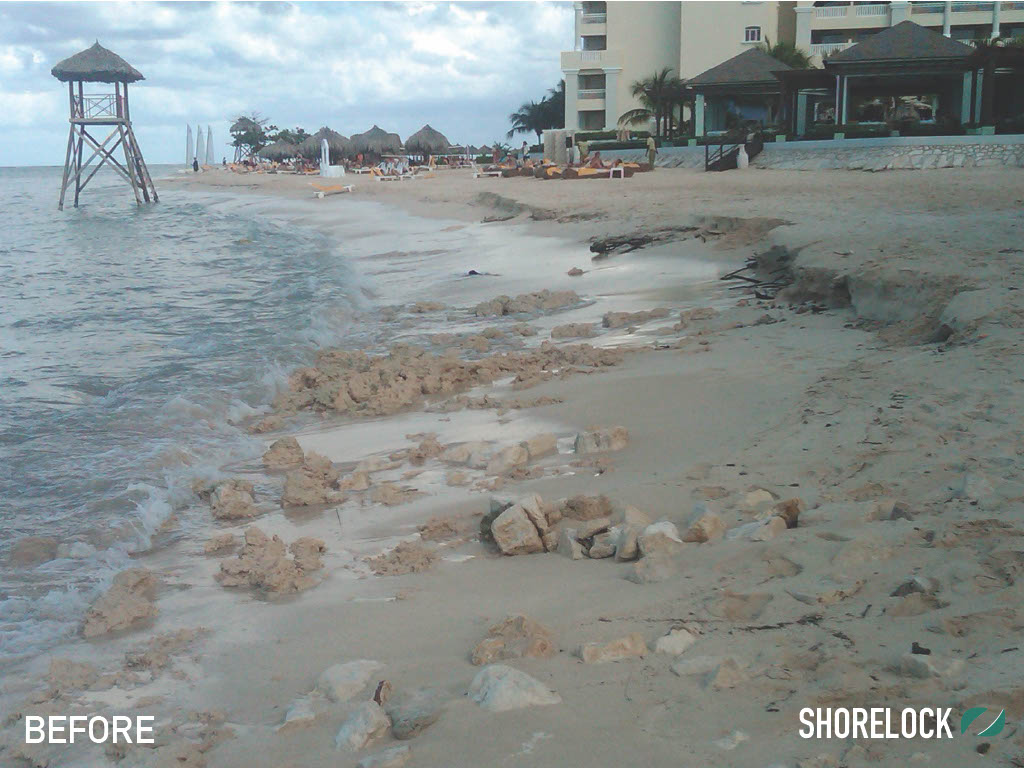 Beach erosion before the Shorelock process was used at Iberostar Resort in Jamaica (Photo courtesy of Shorelock)