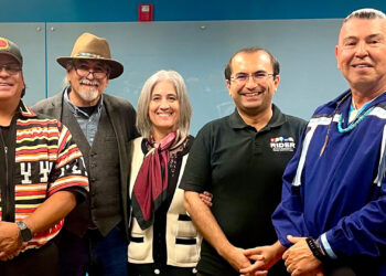 (From left) Sonny Frank, Daniel Wildcat, Ellen Piekalkiewicz, Eren Erman Ozguven and Paul Downing at "Saving the Planet with Indigenous Knowledge” on April 12. (Tai Cole photo)