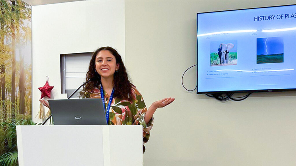 University of Miami School of Law student Kaitlyn Jauregu presented on single-use plastics at the COP28 climate summit in the United Arab Emirates in December. (Photo: Courtesy of Kaitlyn Jauregui)