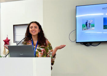 University of Miami School of Law student Kaitlyn Jauregu presented on single-use plastics at the COP28 climate summit in the United Arab Emirates in December. (Photo: Courtesy of Kaitlyn Jauregui)