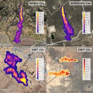 Methane plumes captured by NASA-designed airborne instruments (AVIRIS) and the EMIT instrument attached to the International Space Station. Clockwise from the top left: plumes from the Aliso Canyon storage blowout near Los Angeles in 2015, an oil and gas source in the Permian Basin, a power plant, and a landfill in Iran. (NASA)