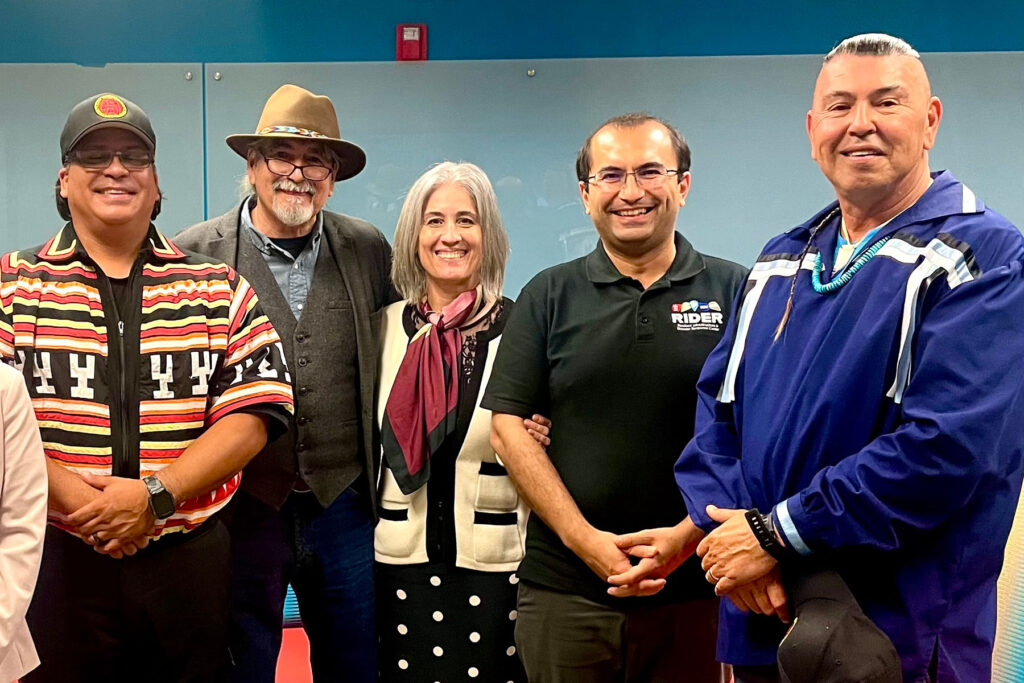 (From left) Sonny Frank, Daniel Wildcat, Ellen Piekalkiewicz, Eren Erman Ozguven and Paul Downing at "Saving the Planet with Indigenous Knowledge” on April 12. (Tai Cole photo)