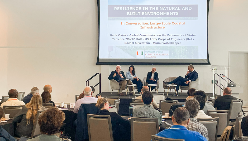 A panel centered on U.S. Army Corps of Engineers proposals to build walls to protect property from storm surge included Col. Terrence “Rock” Salt, who served as commander of the Corps’ Jacksonville district, as executive director of the South Florida Ecosystem Restoration Task Force and as deputy assistant secretary of the Army; Rachel Silverstein, executive director of Miami Waterkeeper; and Henk Ovink, executive director for the Global Commission on the Economics of Water. (Matthew Rembold/University of Miami)