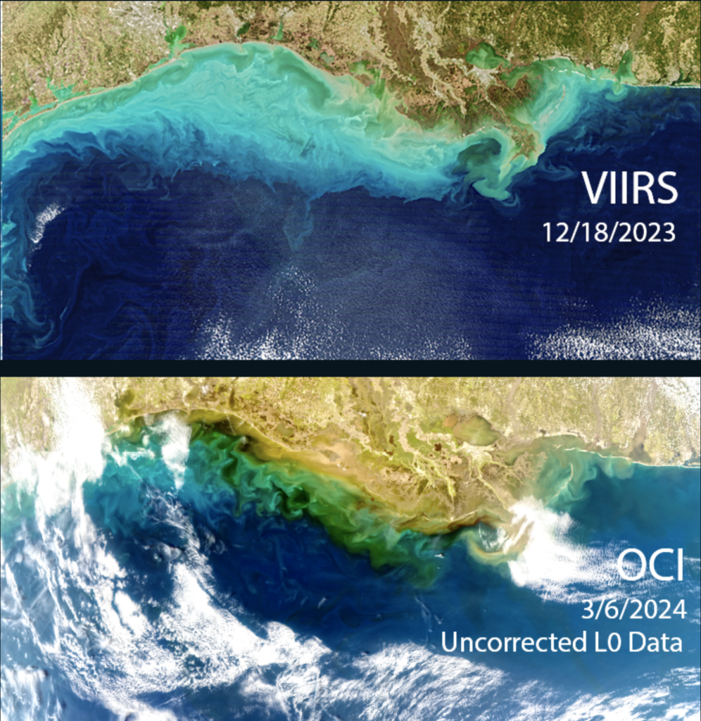 PACE is equipped with trailblazing technology that sets it apart from other Earth-observing satellites. The bottom image depicts the level of detail in a Mississippi River plume captured by PACE compared to another satellite instrument a few months prior. (Photo credit: NASA)
