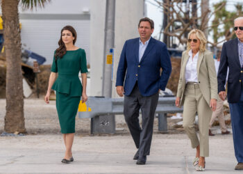 President Joe Biden and First Lady Jill Biden arrive with Gov. Ron DeSantis and Florida First Lady Casey DeSantis for a briefing on the response and recovery efforts in the wake of Hurricane Ian in 2022 in Fort Myers. (The White House, Public domain, via Wikimedia Commons)