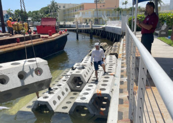 University of Miami Associate Professor of Engineering Landolf Rhode-Barbarigos waits to help position another unit of SEAHIVE, as part of an installation of the units at Wahoo Bay, a marine park in northern Broward County.. (Photo: Janette Neuwahl Tannen/University of Miami)
