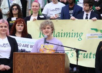 Cameron Driggers speaks at a rally in Tallahassee at the beginning of this year’s spring legislative session, where more than 200 students from across the state converged to demand passage of key bills regarding climate action, sustainability and resiliency. (Submitted image)