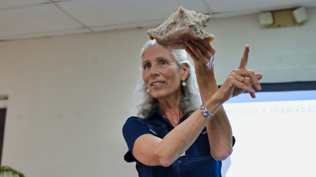 Megan Davis, Ph.D., a research professor at FAU’s Harbor Branch Oceanographic Institute, teaching in the Bahamas. (Photo credit: IsleLens - Tyrie Moss)