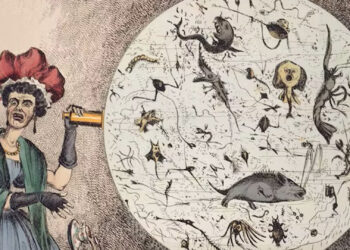 Monster Soup, an 1828 political cartoon by William Heath, shows a woman horrified by a magnified drop of Thames River water. (Wellcome Images via Wikimedia)