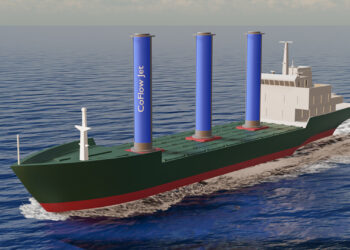 A model rendering shows giant cylinders that would be mounted on the decks of cargo ships to provide wind propulsion, creating an energy efficient alternative to diesel engines. (University of Miami)