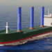A model rendering shows giant cylinders that would be mounted on the decks of cargo ships to provide wind propulsion, creating an energy efficient alternative to diesel engines. (University of Miami)