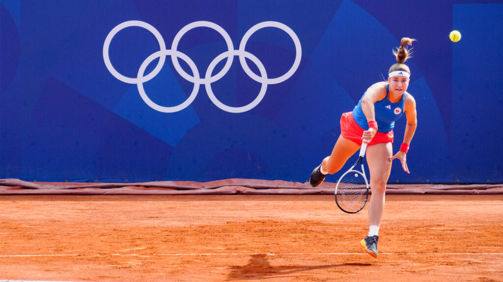 Czech tennis player KarolĂna Muchová hits a serve at the 2024 Paris Olympics. (Kuberzog, CC BY-SA 4.0, via Wikimedia Commons)