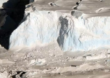 The front of Thwaites’ floating ice shelf is over 200 feet (60 meters) tall in places. (It becomes higher closer to land. James Yungel/NASA Icebridge 2012)