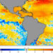 A map of sea surface temperature anomalies shows cooling along the tropical Atlantic and eastern Pacific regions, but much warmer than average temperatures in the Caribbean. (NOAA Coral Reef Watch)