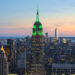 A view of the Empire State Building in New York City in 2021. The tower was illuminated in green in honor of Climate Week NYC. (Dllu, CC BY-SA 4.0, via Wikimedia Commons)