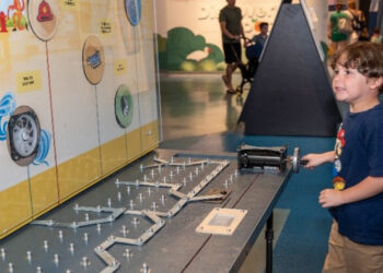 A visitor engages with an interactive exhibit at the Museum of Discovery and Science, exploring the mechanics behind energy generation and sustainable technology. (Photo courtesy of MODS)