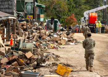 U.S. Army soldiers help locals clear debris from Hurricane Helene in Chimney Rock, North Carolina, on Oct. 15. (Dylan Burnell/U.S. Army Corps of Engineers, Wilmington District; via Defense Visual Information Distribution Service)