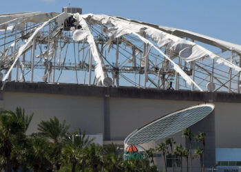 High winds and rain from Hurricane Milton destroyed the roof of Tropicana Field, home to the Tampa Bay Rays, on Wednesday night as it descended upon St. Petersburg, Fla., and the surrounding area. No one was injured by the damage to the ballpark. ( Mark Rankin/U.S. Army Corps of Engineers, Jacksonville District, via Defense Visual Information Distribution Service)