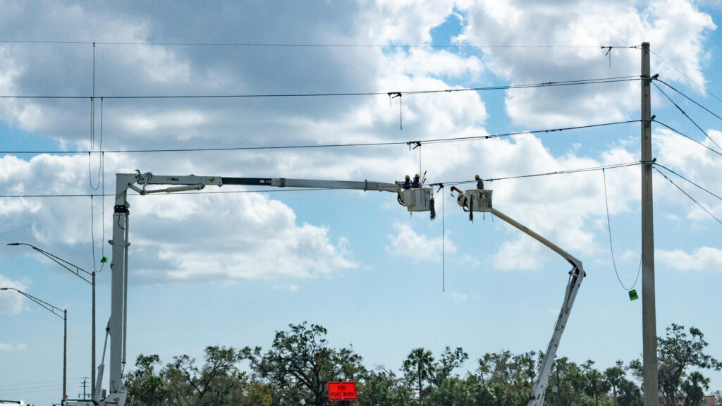 Utility crews in Bradenton repair power lines after Hurricane Milton on Oct. 13, 2024. (Liz Roll/FEMA, via Defense Visual Information Distribution Service)