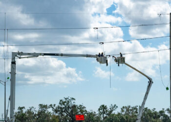 Utility crews in Bradenton repair power lines after Hurricane Milton on Oct. 13, 2024. (Liz Roll/FEMA, via Defense Visual Information Distribution Service)