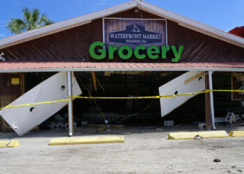 The Federal Emergency Management Agency evaluates damages in Suwannee, Florida, a small town that took a direct hit from Hurricane Helene, causing severe damage. (Patrick Moore/FEMA, via the Defense Visual Information Distribution Service)
